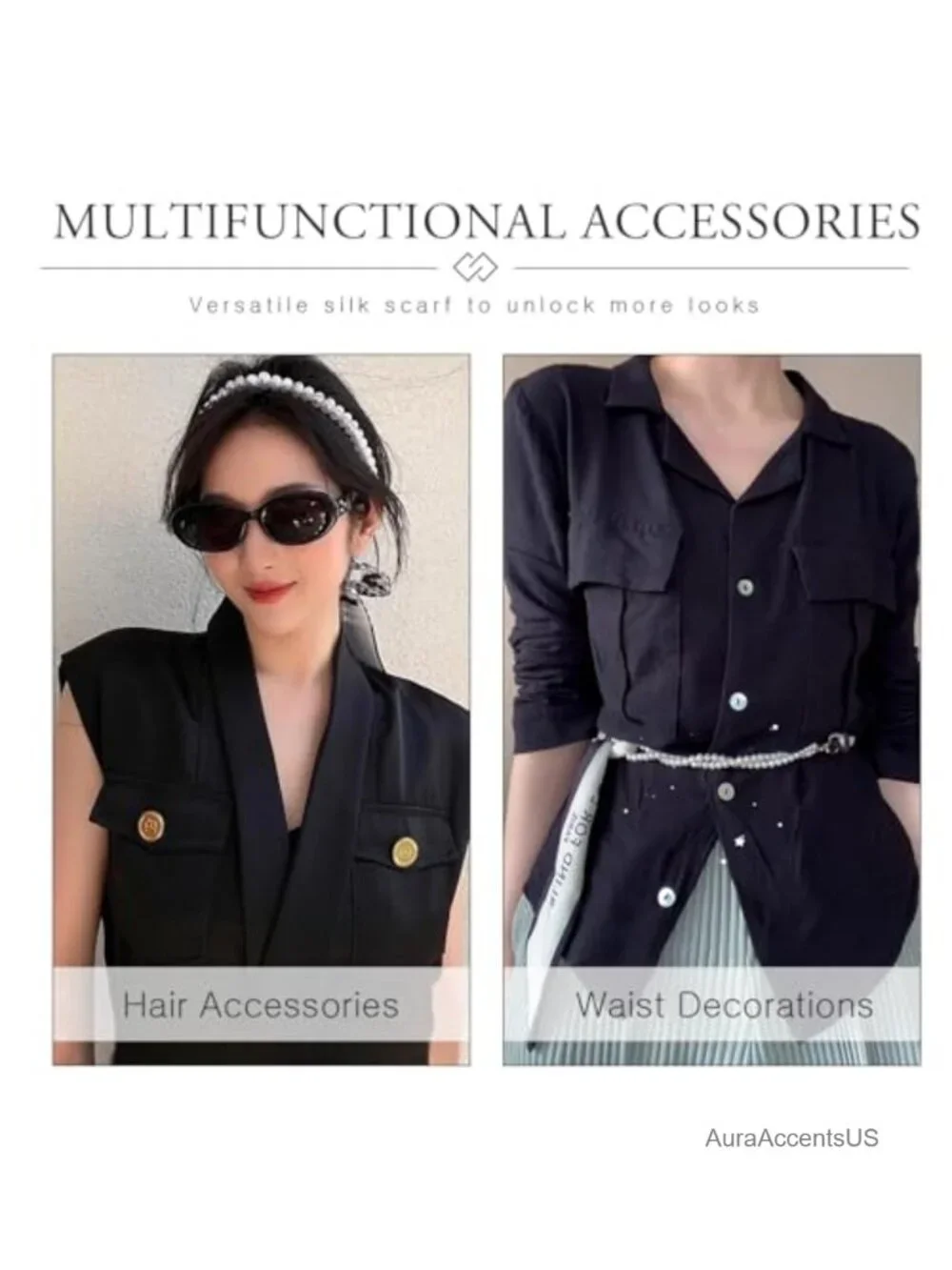 Silk Scarf Necklace Women Narrow Long Neckerchief Pearl Necklace Flower Stripe